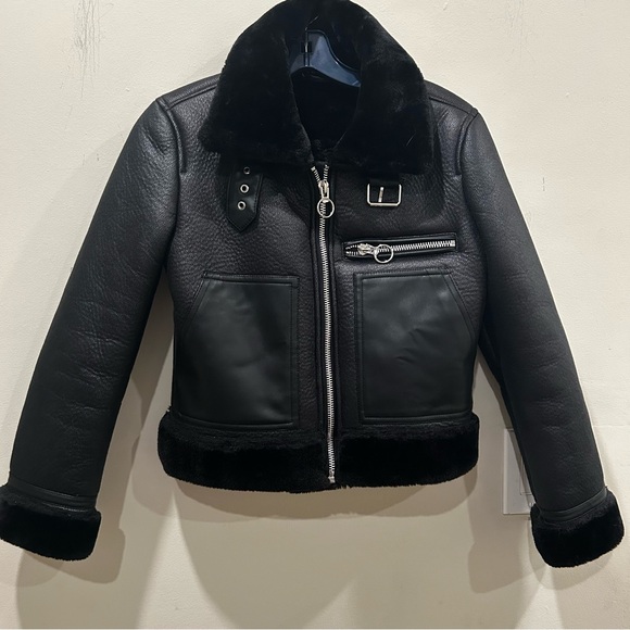 Topshop Petite Shearling Aviator Jacket Black Size UK 4 US 0 EUR 32 NWOT - Picture 1 of 5